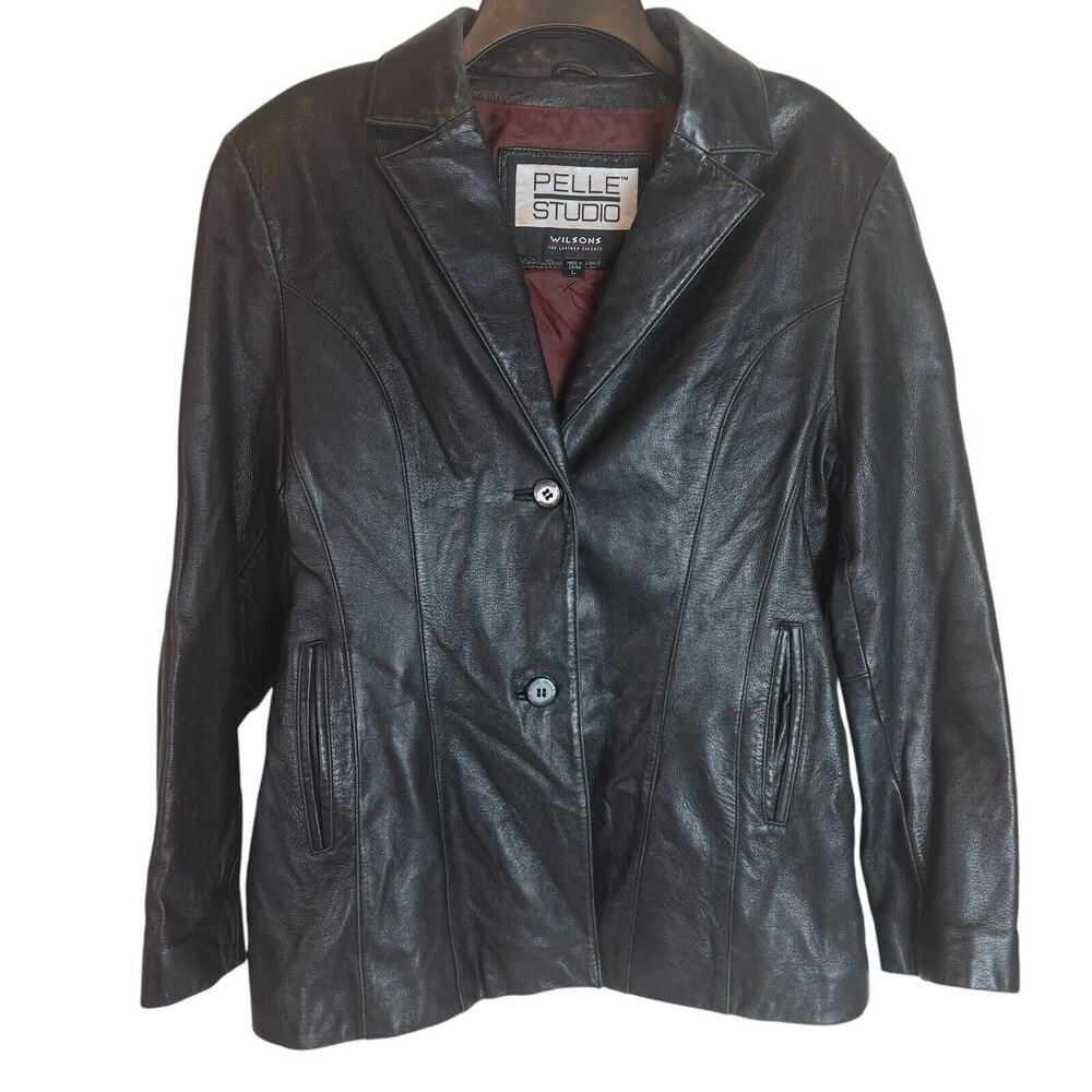 Pelle Studio Wilson’s Black Leather Jacket Sz Large Buttons Lined Biker Goth Vtg